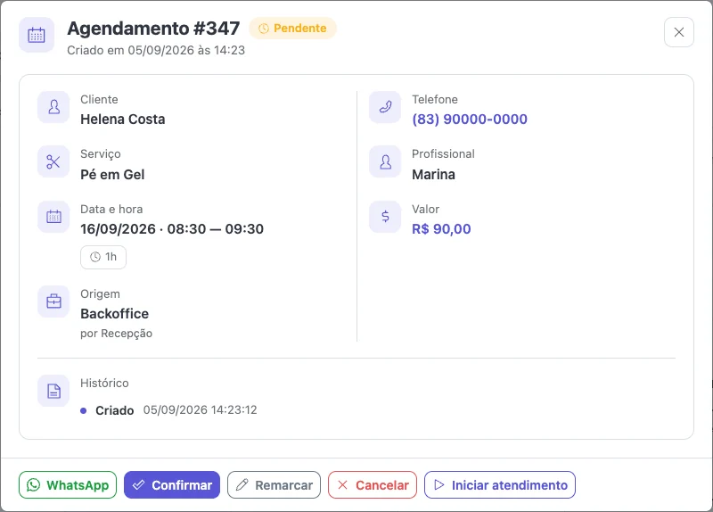 Detalhes de um agendamento com cliente, serviço, profissional, valor e os botões Confirmar, Remarcar, Cancelar e Iniciar atendimento