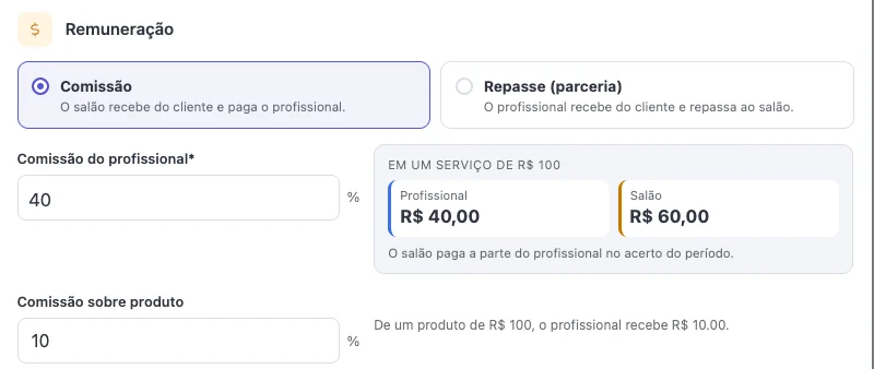 Cadastro da remuneração do profissional com a escolha entre comissão e repasse e a divisão de um serviço de R$ 100