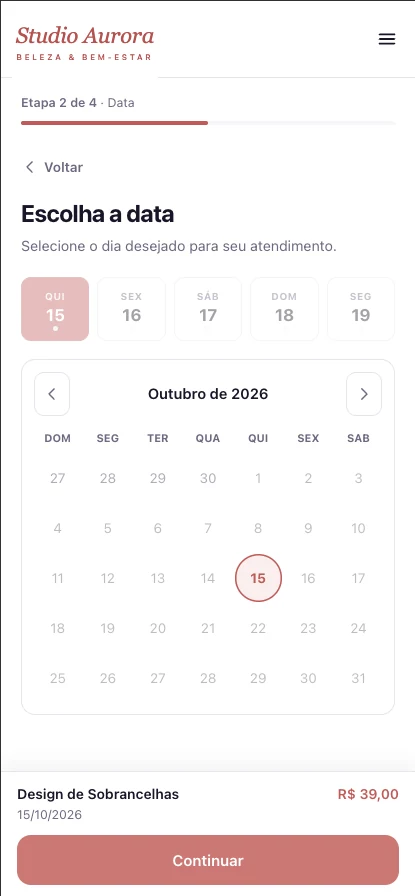 Etapa 2 do agendamento: calendário com os dias disponíveis