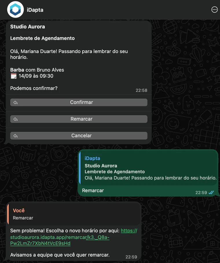 Conversa no WhatsApp: lembrete de agendamento com os botões Confirmar, Remarcar e Cancelar, o cliente tocando em Remarcar e a resposta com o link para escolher o novo horário